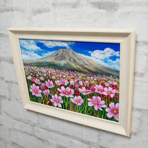 油絵 油彩 油彩画 絵画【コスモスと富士山】 絵画 HR 通販 18286384