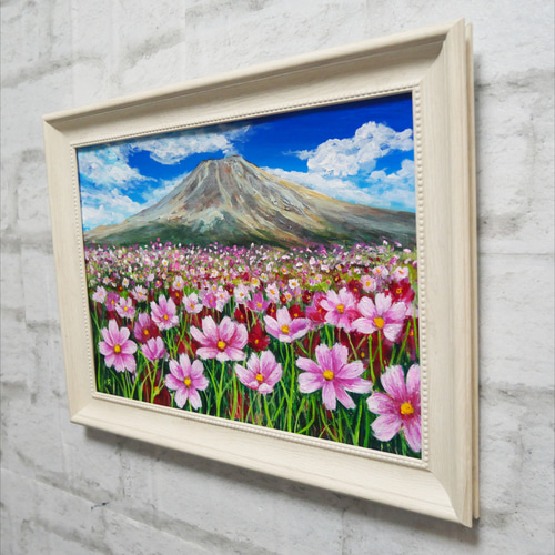 油絵 油彩 油彩画 絵画【コスモスと富士山】 絵画 HR 通販 18286384