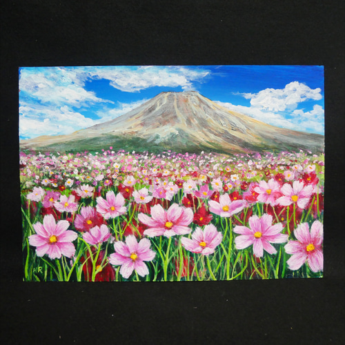 油絵 油彩 油彩画 絵画【コスモスと富士山】 絵画 HR 通販 18286384