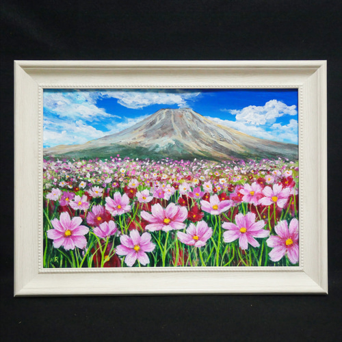 油絵 油彩 油彩画 絵画【コスモスと富士山】 絵画 HR 通販 18286384