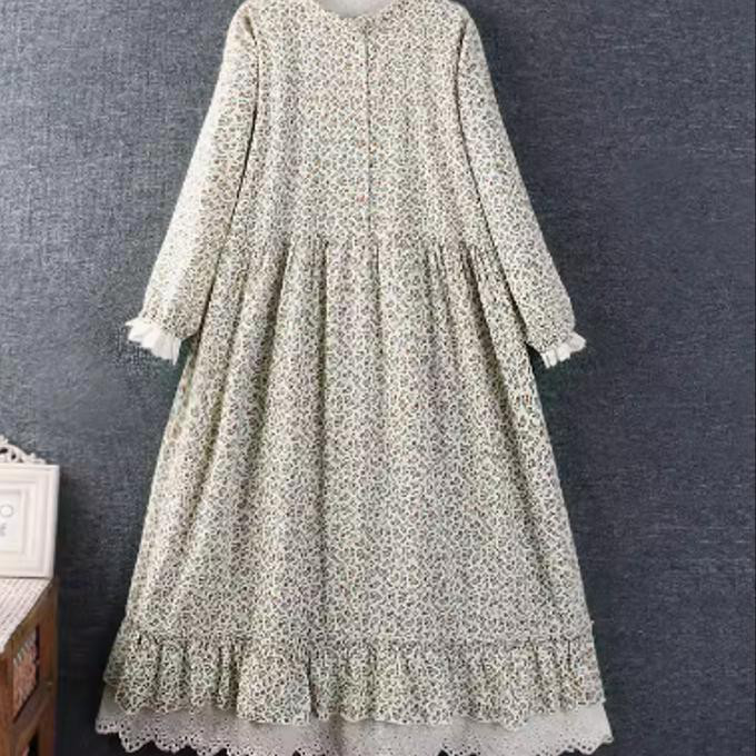 春秋の新モデル 甘く ゆったり とした 丸襟 長袖 花柄 ワンピース