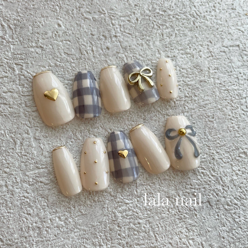 チェック×リボン ネイルチップ ネイルチップ チェックネイル リボンネイル ネイルチップ（つけ爪