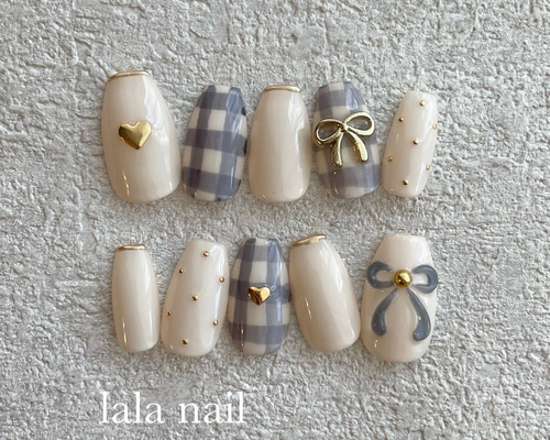 【No.013】ネイルチップ♡チェック柄♡ハート♡リボン♡ブルー系 99781cc359eb85dd479a26a8048b91