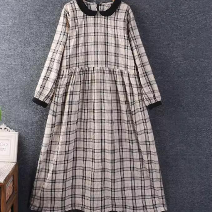 春秋の新モデル ゆったり とした チェック 長袖 ワンピース