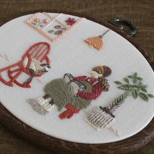 読書の秋とシャム猫 手刺繍ファブリックパネル タペストリー・壁掛け  