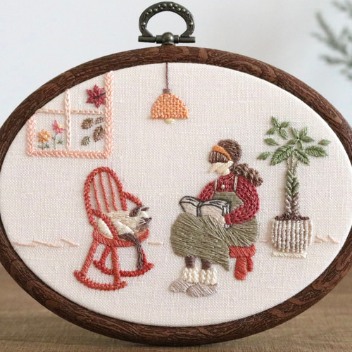 読書の秋とシャム猫 手刺繍ファブリックパネル タペストリー・壁掛け  