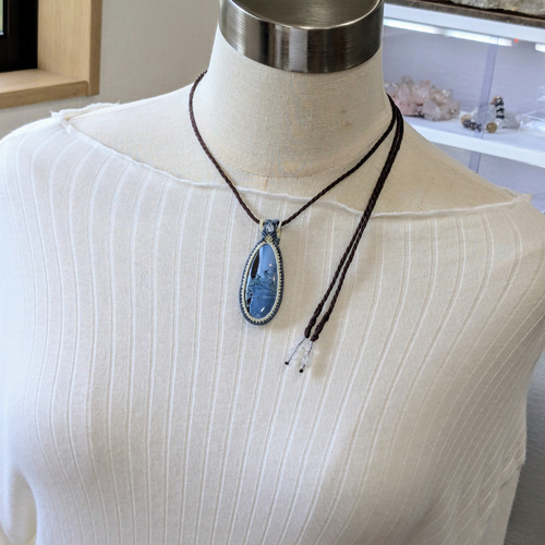 ☆大きめ☆ブルーオパール・アゲート☆マクラメ編みネックレス 64