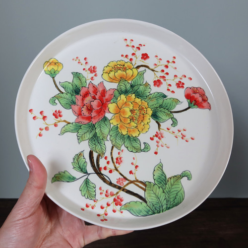 スムースプレート バッチャン焼き ベトナム食器 手描き 花柄 大皿