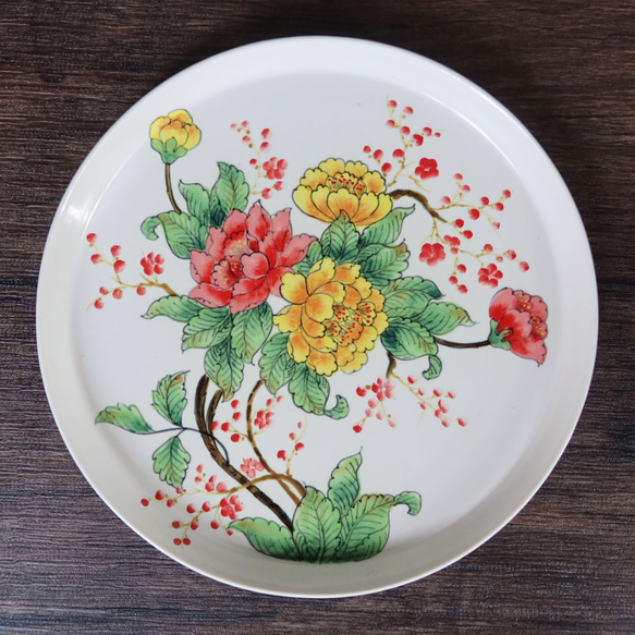 スムースプレート バッチャン焼き ベトナム食器 手描き 花柄 大皿