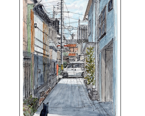 秋の観光地の路地( 水彩画 木製フレーム付き) 原画一点物 「古い建物が立ち並ぶ路地」 ＜ペンスケッチ＋透明