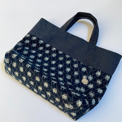雪ん子絣 刺し子 トートバック 着物リメイク 古布リメイク 敬老の日
