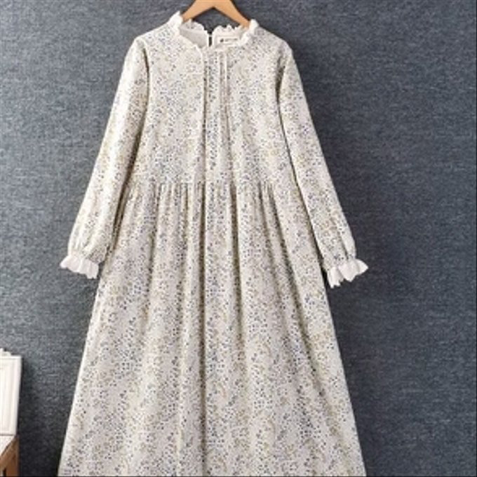 春服新モデル 丸襟 刺繍 長袖 ワンピース 綿麻 ゆったり ロングスカート 4,838円