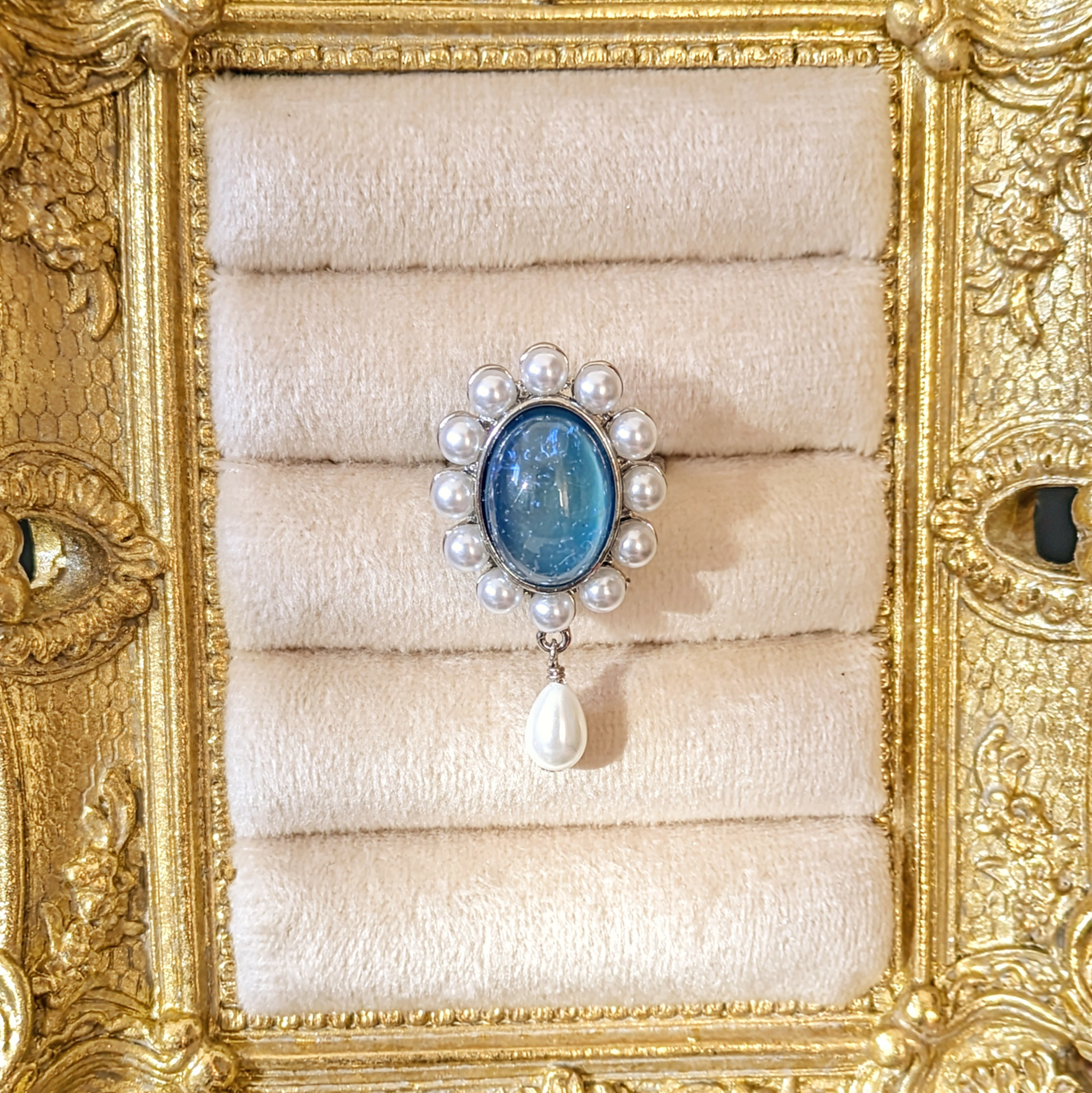 【Dragon rider　リング[ブルー]】指輪　フリーサイズ　ドラゴンズブレス　上品　可愛い　パール　大ぶり　炎　青