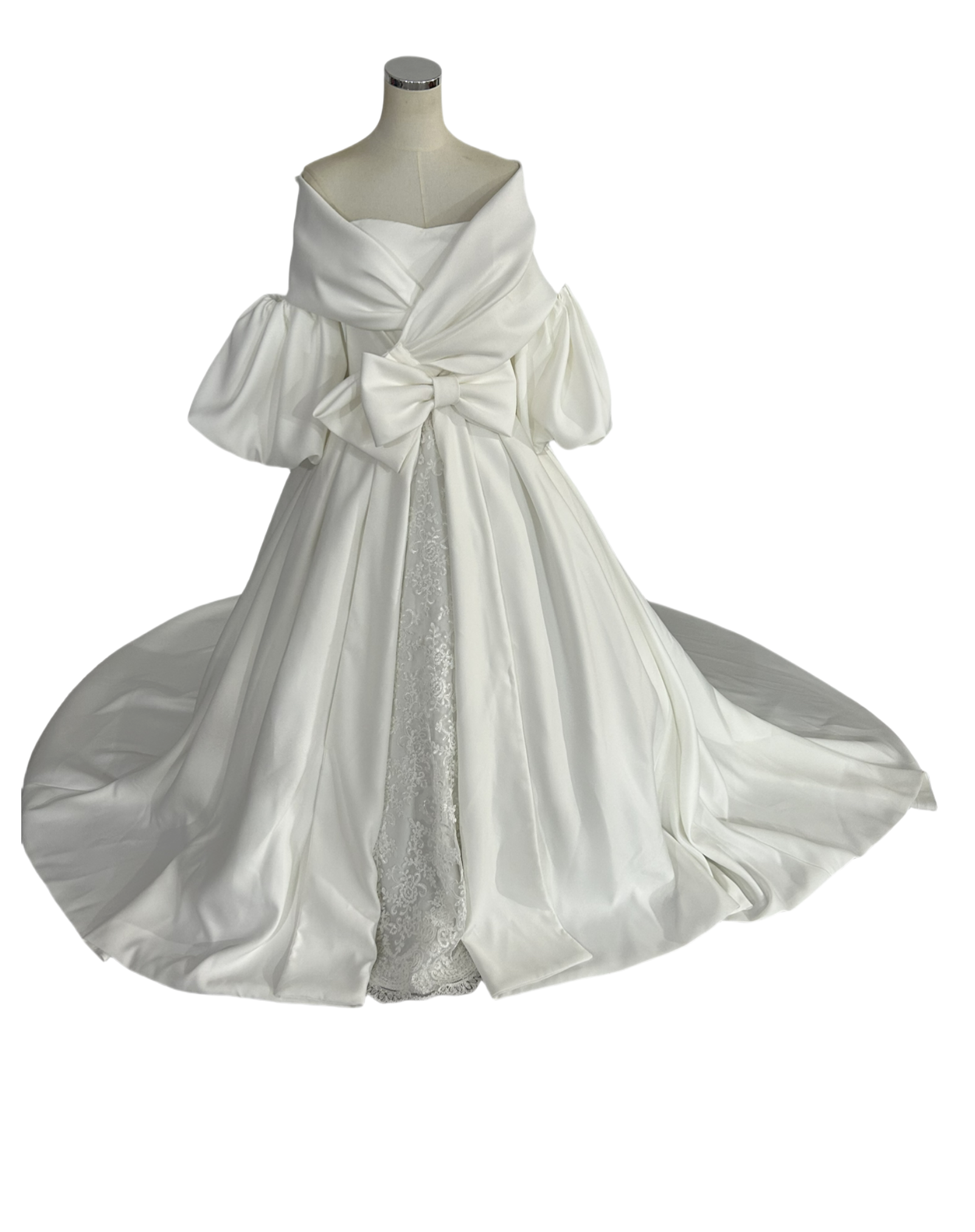 ウェディングドレス ふっくら柔らかなバックリボン 取り外し袖  マット生地 オフホワイト 取り外しオフショルダー 披露宴