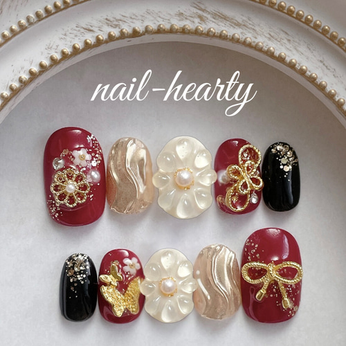 大人の華やかネイルチップ 振袖 袴 和柄 ぷっくりフラワー  