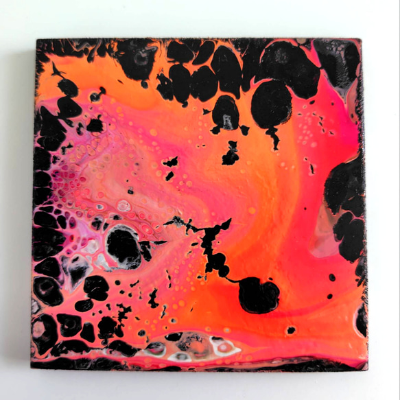 原画 オレンジ 黒 ピンク ポーリングアート フルイドアート 抽象
