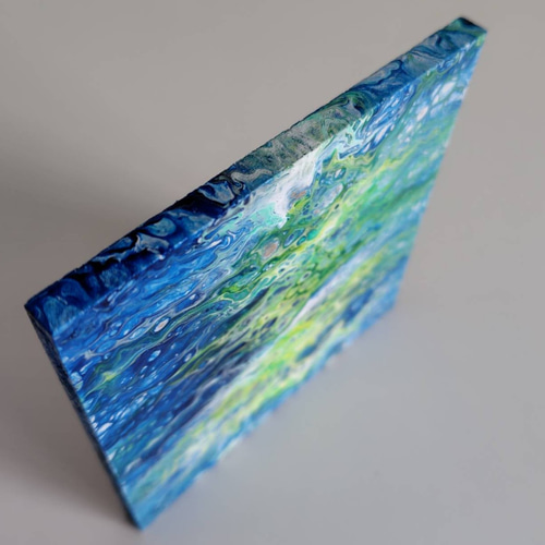 原画 青 黄色 白 ポーリングアート フルイドアート 抽象画 オリジナル