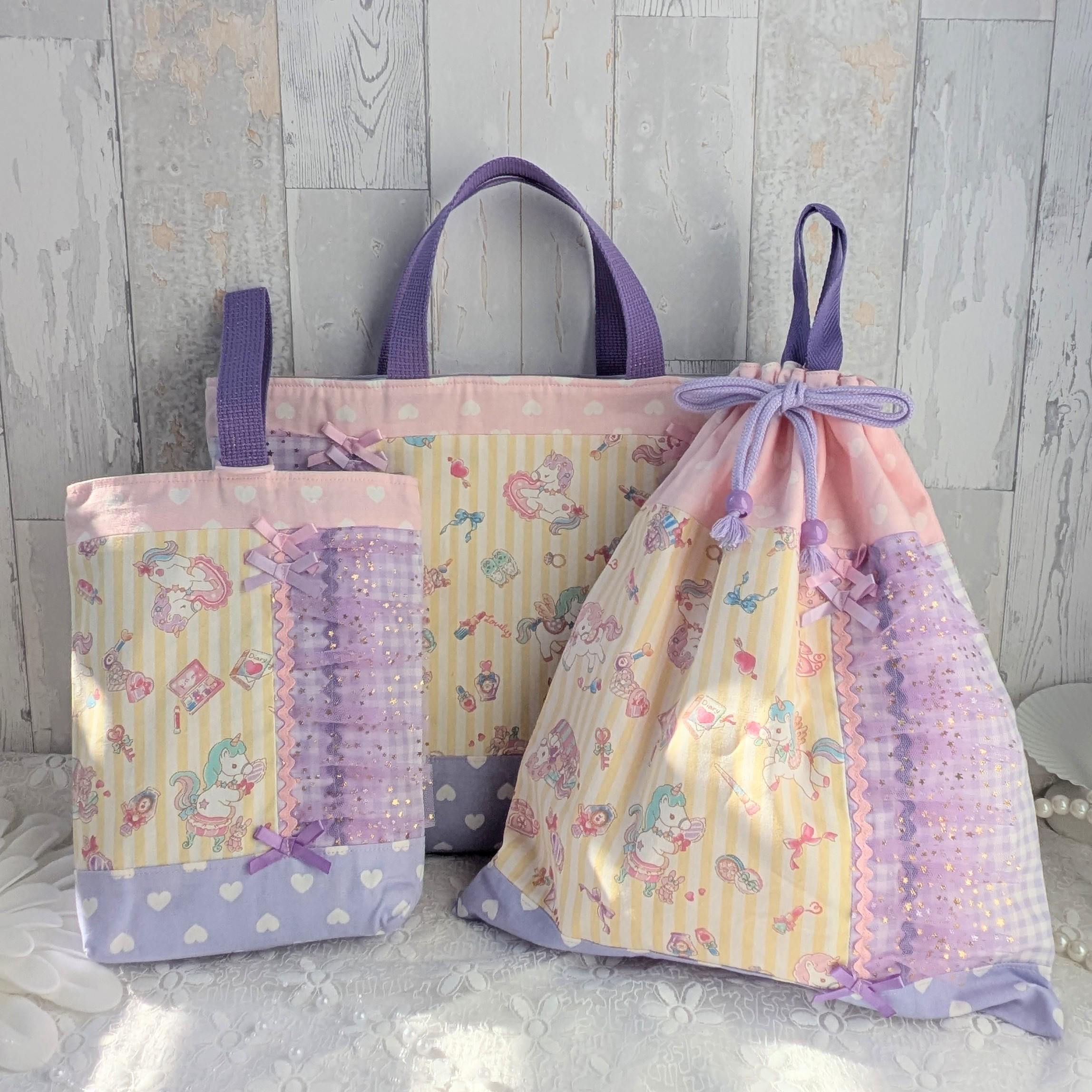 入学3点セット✩.*˚おしゃまなユニコーン　レッスンバッグ　上履き入れ　体操着袋