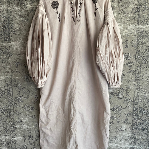 コットンリネンロングワンピースパフスリーブ民族花柄リボン古着  