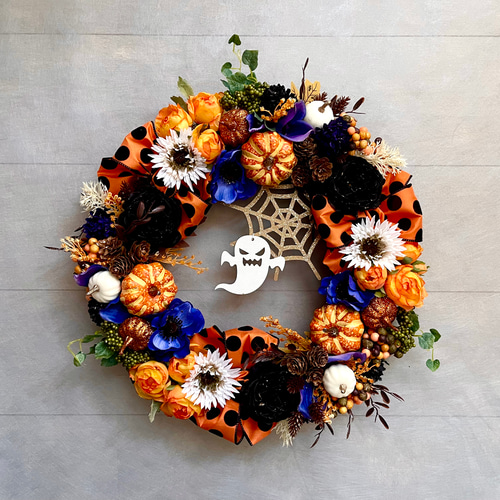 No.wreath-15551/ハロウィンリース24-(2)おばけ＆蜘蛛の巣40cm