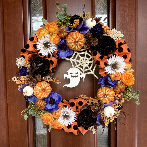 No.wreath-15551/ハロウィンリース24-(2)おばけ＆蜘蛛の巣40cm