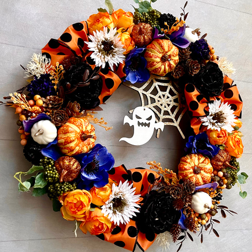 No.wreath-15551/ハロウィンリース24-(2)おばけ＆蜘蛛の巣40cm