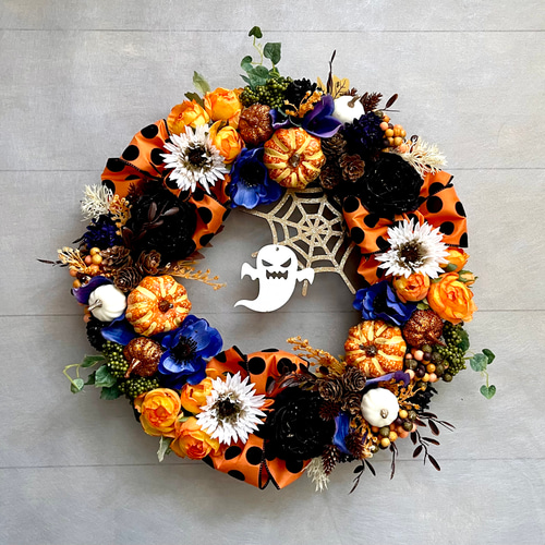 ハロウィンリース　フラワーリース　ウエルカムリース　ハンドメイド No.wreath-15572/ハロウィンリース25-(14)ハロウィンプレート45x48