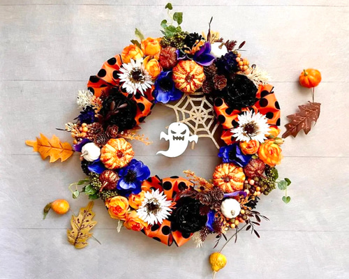 No.wreath-15551/ハロウィンリース24-(2)おばけ＆蜘蛛の巣40cm