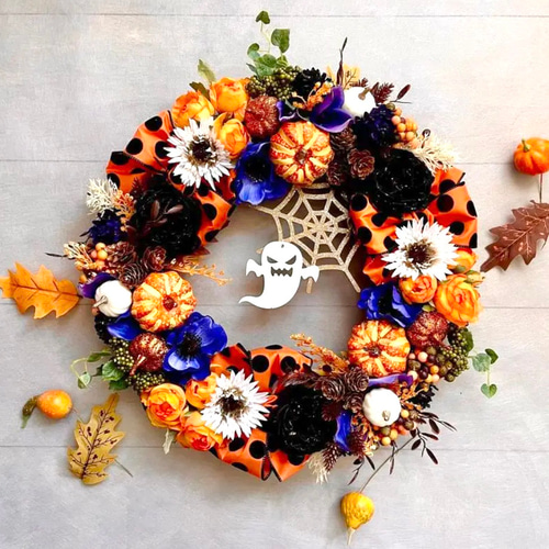 No.wreath-15551/ハロウィンリース24-(2)おばけ＆蜘蛛の巣40cm 