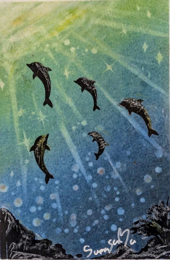 イルカの家族が海の中』(原画) パステル 切り絵 絵画 すむすむ 通販