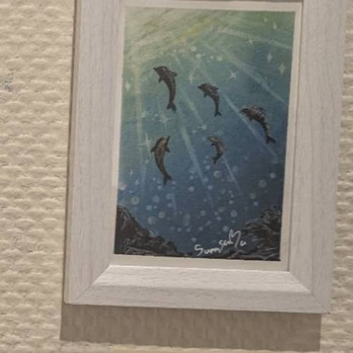 イルカの仲間達 パステル画 原画 39.5×27.5 海とイルカのパステルアート 虹色の夕焼け パステル画原画