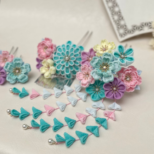 つまみ細工 かんざしセット（7歳さん以上向け）新橋色 ミントグリーン