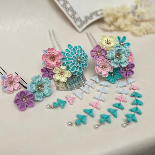 つまみ細工 かんざしセット（7歳さん以上向け）新橋色 ミントグリーン