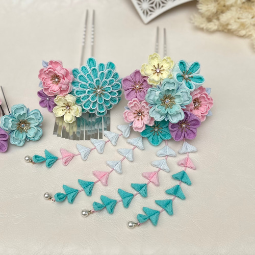 つまみ細工 かんざしセット（7歳さん以上向け）新橋色 ミントグリーン