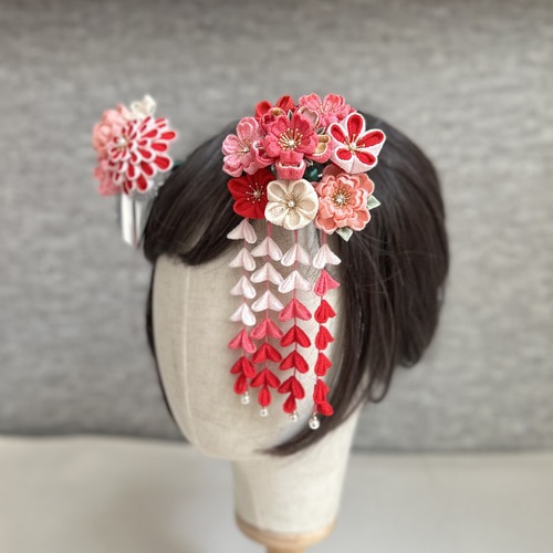 つまみ細工 かんざしセット（7歳さん以上向け）赤 ピンク サーモン