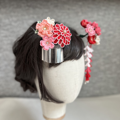 つまみ細工 かんざしセット（7歳さん以上向け）赤 ピンク サーモン