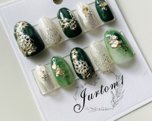 深緑龍風ネイル】成人式ネイル／ブライダルネイル／シルバーゴールド