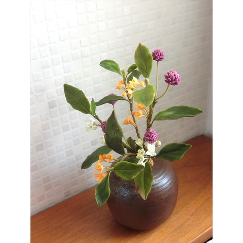 ✿【 粘土置物 】「和室を華やかな秋色に」金木犀・銀木犀・千日紅