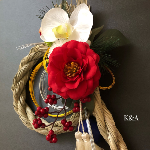 お正月しめ飾り しめ縄＊ハンドメイド お正月ハンドメイド2020」 新作しめ縄飾り＊春姫牡丹と紅梅と慶