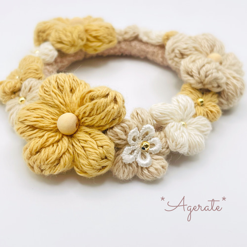お花いっぱいの編みシュシュ＊イエローベージュ シュシュ *Agerate*ア 