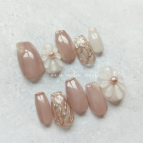 ネイルチップ No.78 サイズオーダー ニュアンス ぷっくりフラワー 秋