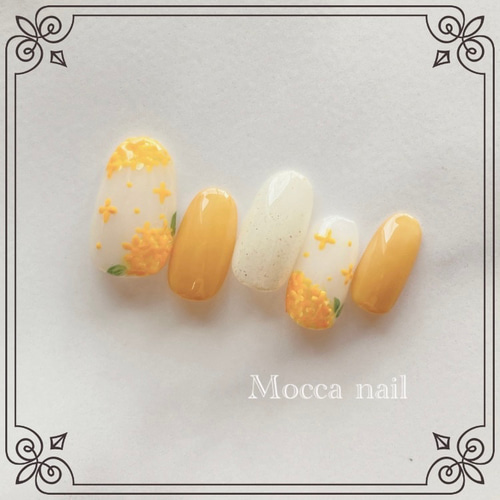 345】金木犀 ネイルチップ 秋キンモクセイ マスタード ニュアンス 秋  
