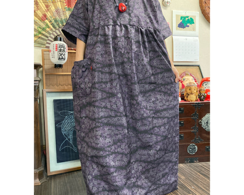 大島紬(紅葉柄)のワンピース 着物リメイク ワンピース 着物