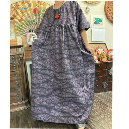 大島紬(紅葉柄)のワンピース 着物リメイク ワンピース 着物