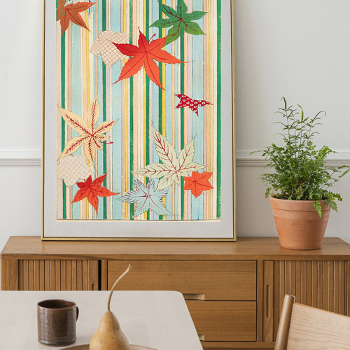 秋 紅葉の日本画インテリアポスター☆カラフル落ち葉風流風情和室和