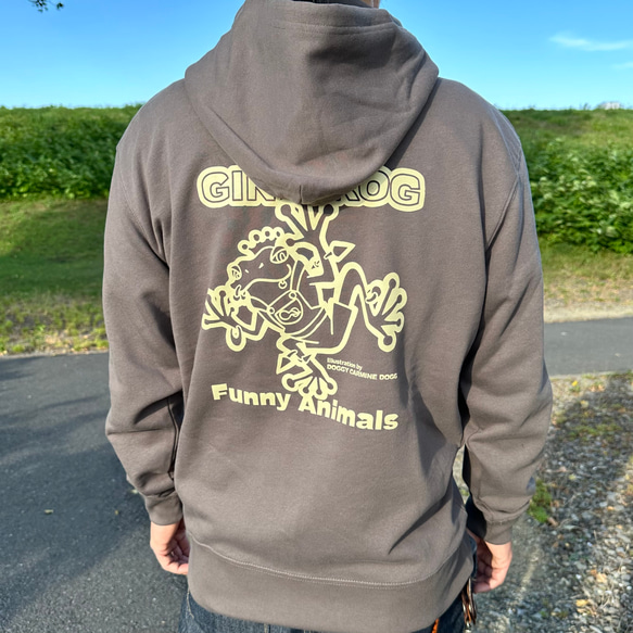EEL / fukurou hoodie/パーカー/M/コットン/GRY クールなカエル『GIN FROG/ジンフロッグ』さっと羽織れて便利！ジップ