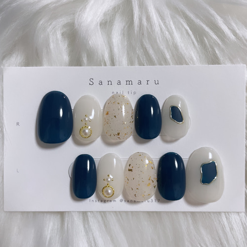 129 ネイルチップ ニュアンスネイル ネイビー ホワイト ゴールド