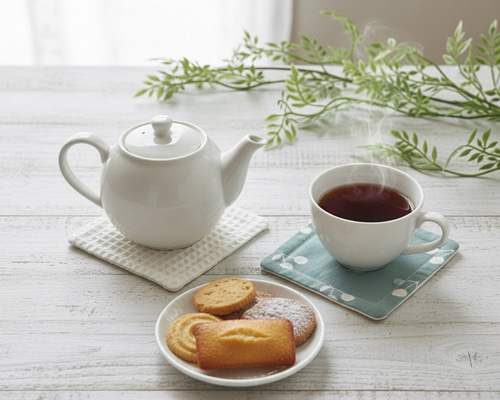 コースター 布 さくらんぼ くすみブルー ハンドメイド コースター AI