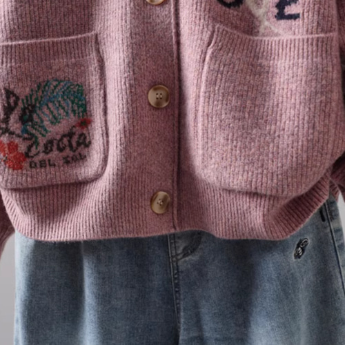 ぴょん　ウール　vネック カーディガン　ニット　セーター　刺繍 予約]フラワー刺繍Vネックオーバーニットカーディガン