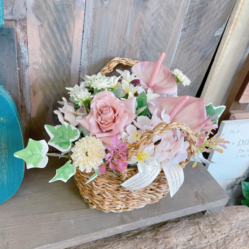クレイフラワー　アレンジメント　造花　ギフト　プレゼント　枯れない花 枯れないお花♡【淡いお色アレンジメント】ナチュラルかご入り♡お誕生